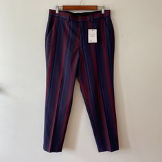 Blue And Burgundy Vertical Striped Flat Front Pants With A Tapered Leg Waist Measures 34" 12-1/2" Rise 26" Inseam Blue And Burgundy, Purple Pants, Flat Front Pants, Mens Stripes, Vertical Stripes, Burgundy Color, Mad Hatter, Striped Dress, Dress Pants