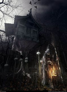 an image of a creepy house in the woods with bats flying over it and two people dressed as witches