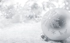 a white ornament sitting on top of snow covered ground next to christmas decorations