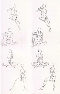 six drawings of people sitting and standing in different positions, each with their legs spread out