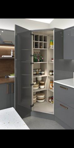 an open pantry in the middle of a kitchen