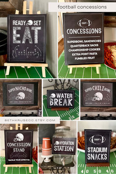 a collage of photos showing different signs on the side of a football field with words that read eat, water break and stadium snacks