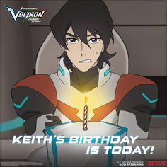 a cartoon character holding a birthday cake with a lit candle in his hand and the caption reads, keith's birthday is today