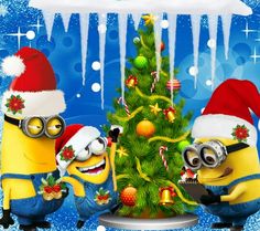 three minion characters decorating a christmas tree