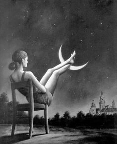 a woman sitting on top of a chair in front of a sky filled with stars