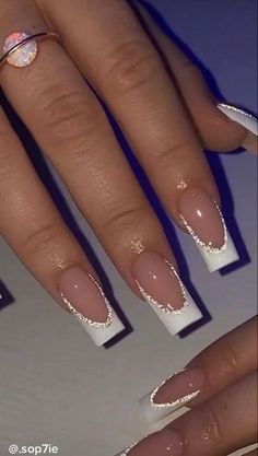 White French Tips With Sparkle, Nails Design Silver, New Year French Nails, White French Tip Nails With Glitter Almond, White French Nails With Rhinestones, Sparkly French Tip Nails White Glitter, Square Acrylic Nails Sparkle, Square French Tip With Diamonds, White Nails For Prom