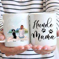 two women holding coffee mugs with their pictures on them, one has a dog and the other has a cat