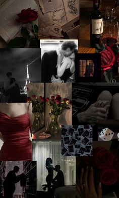 a collage of images with red roses and black and white photos in the background