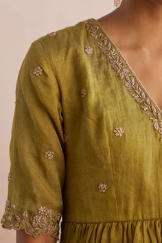 Buy Green Cotton Tissue Izhaar Sequin Flower Kurta Top Sharara Set For Women by Weaver Story Online at Aza Fashions. Top Sharara Set, Top With Sharara, Tissue Kurta, Chudidhar Designs, Chiffon Blouses Designs, Kurta Top, Sequin Flower, Lehnga Dress, Cutwork Blouse Designs