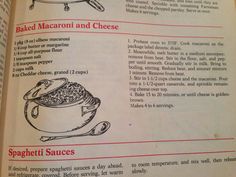 an old recipe book with instructions on how to make macaroni and cheese in it