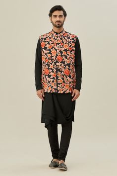 Multicolor sleeveless bundi with thread embroidery in floral pattern. Paired with black full sleeve draped kurta and pyjama. - Aza Fashions Pajama Pattern, Kurta Set For Men, Nehru Jackets, Thread Embroidery, Silk Embroidery, Kurta Set, Mandarin Collar, Embroidery Thread, Cotton Silk