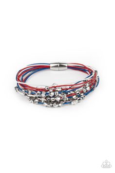 a red, white and blue bracelet with silver beads