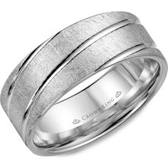 CrownRing Men's Wedding Band - Brushed Criss-Cross Finish with Polished Double Grooves in 14K White Gold - 8mm Width from the Carved Collection Luxury White Gold Concave Ring, Mens Wedding Bands Brushed, Carved Wedding Ring, Textured Wedding Band, Jewelry By Johan, White Gold Wedding Band, Diagonal Line, Classic Wedding Band, Jewelry Appraisal