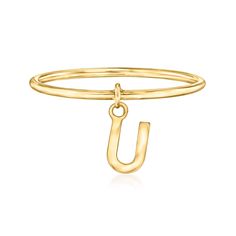 Ross-Simons - 14kt Yellow Gold "U" Initial Charm Ring Size 7. RS Pure. Modern designs that complete your outfit and complement your personality. Our simple 14kt yellow gold ring dangles a dainty "U" initial charm, adding a special touch to your stylish stacks. Choose a letter that represents your own name, nickname, significant other, child or pet - whatever you wish! 1/16" wide. 14kt yellow gold initial charm ring. Adjustable Yellow Gold Initial Ring Fine Jewelry, 14k Gold-filled Yellow Gold Charm Necklaces With Initials, Yellow Gold Brass Jewelry With Initial Pendant, Yellow Gold Initial Pendant With Logo Charm, 14k Yellow Gold Initial Pendant Charm, Charm Ring, Gold Initial, Charm Rings, Significant Other