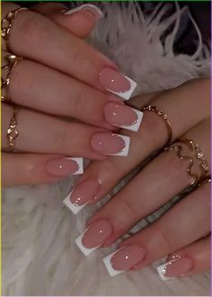 Acrylic Nails French With Gems, Simple Wedding Acrylic Nails, Cute Nails For College, Nail Inspiration Quince, French Tip White With Glitter, Classy White Tip Nails, French Nail Tips Acrylics, Neutral Acrylic Nails With Design, Square French Tip Short Nails