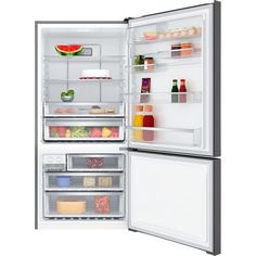 an open refrigerator with the door wide open and food inside it, including fruits and vegetables