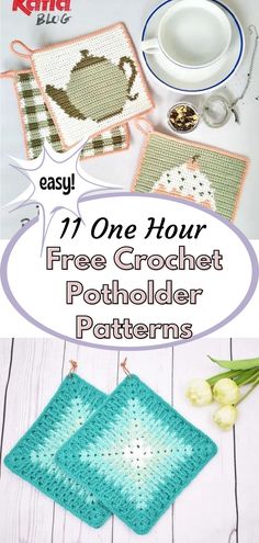 crochet potholders and placemats with text overlay that reads, 11 one hour free crochet potholder patterns