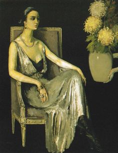 a painting of a woman sitting in a chair next to a vase with flowers