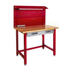 a red workbench with drawers on each side