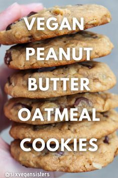 vegan peanut butter oatmeal cookies stacked on top of each other with text overlay