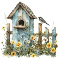 a bird house with sunflowers and daisies around it, painted in watercolor