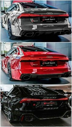 the rear and side view of an audi sports car in three different views, one is red