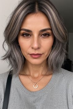 19 Gray Hair Blending Ideas Silver Hair Ideas For Brunettes, Lowlights On Gray Hair, Gray Blonde Highlights, Blend Gray Hair, Gray Hair Blending, Hair Lowlights, Highlights Brown Hair Short, Gray Blending, Grey Blending