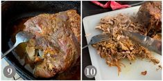 two pictures side by side showing how to cut meat in half and then roasting