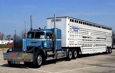 a blue and white semi truck parked in a parking lot with other trucks behind it