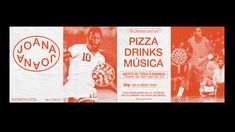 an advertisement for pizza drinks and music featuring athletes from different countries in red and white