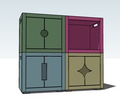 an open cabinet with three different colors on the front and one door in the back