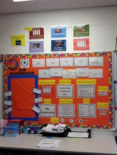 the bulletin board is decorated with colorful papers