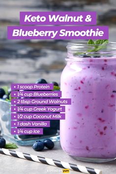 a blueberry smoothie in a mason jar with ingredients to make it into a smoothie