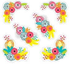 colorful flowers and leaves stickers on a white background