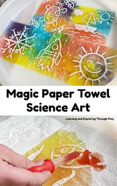 a paper towel with the words magic paper towel science art on it and someone using scissors to draw