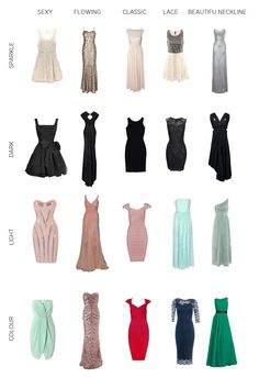 the different types of dresses are shown in this image, and each one has its own color