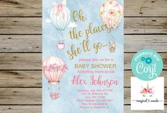 a baby shower card with hot air balloons