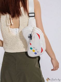 Bird in Bag - Unique Game Cool Paint-Child Style Crossbody Shoulder Bag for Phone Retro White Mobile Phone Bag, White Chest Bag With Mobile Phone Pocket For School, Retro White Shoulder Bag For School, White Retro Shoulder Bag For School, Trendy White Chest Bag For School, Trendy White Pouch Chest Bag, White Crossbody Chest Bag For School, Casual White Chest Backpack, White Retro Pouch Bags