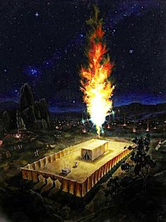 a painting of a burning building in the middle of a night sky with stars above it