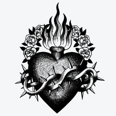 a heart with barbed wire around it and roses on the side, surrounded by tattoos