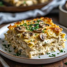 a close up of a plate of food with broccoli and mushroom casserole