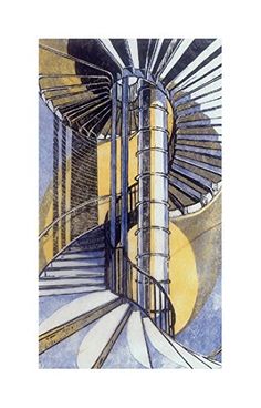 a drawing of a spiral staircase in blue and yellow tones framed print by john williams