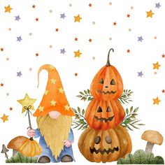 a watercolor painting of two pumpkins and a gnome