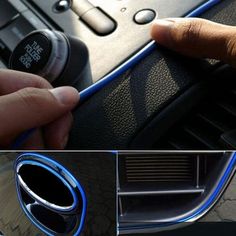 the inside of a car with blue trims and an image of someone turning on it