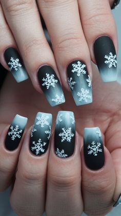 Step into winter with these stunning frosty ombre nails! Featuring a gradient blend of black to soft gray, each nail is adorned with intricate white snowflake designs that capture the essence of the season. Perfect for holiday parties or cozy gatherings, this look combines elegance with a playful winter vibe. Try this chic nail art to elevate your seasonal style!
#acrylicnails #nailsdesign #winternails #decembernails #nailart #nailsinspo