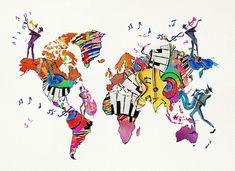 the world map is made up of musical instruments and music notes on white paper with watercolor splashes