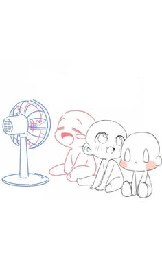 two cartoon characters sitting next to each other in front of an air conditioner and fan