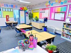 an empty classroom with desks and chairs