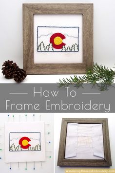 the frame is made to look like an embroidered colorado flag with pine cones on it