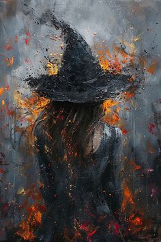 a painting of a woman wearing a witches hat with fire coming out of her face